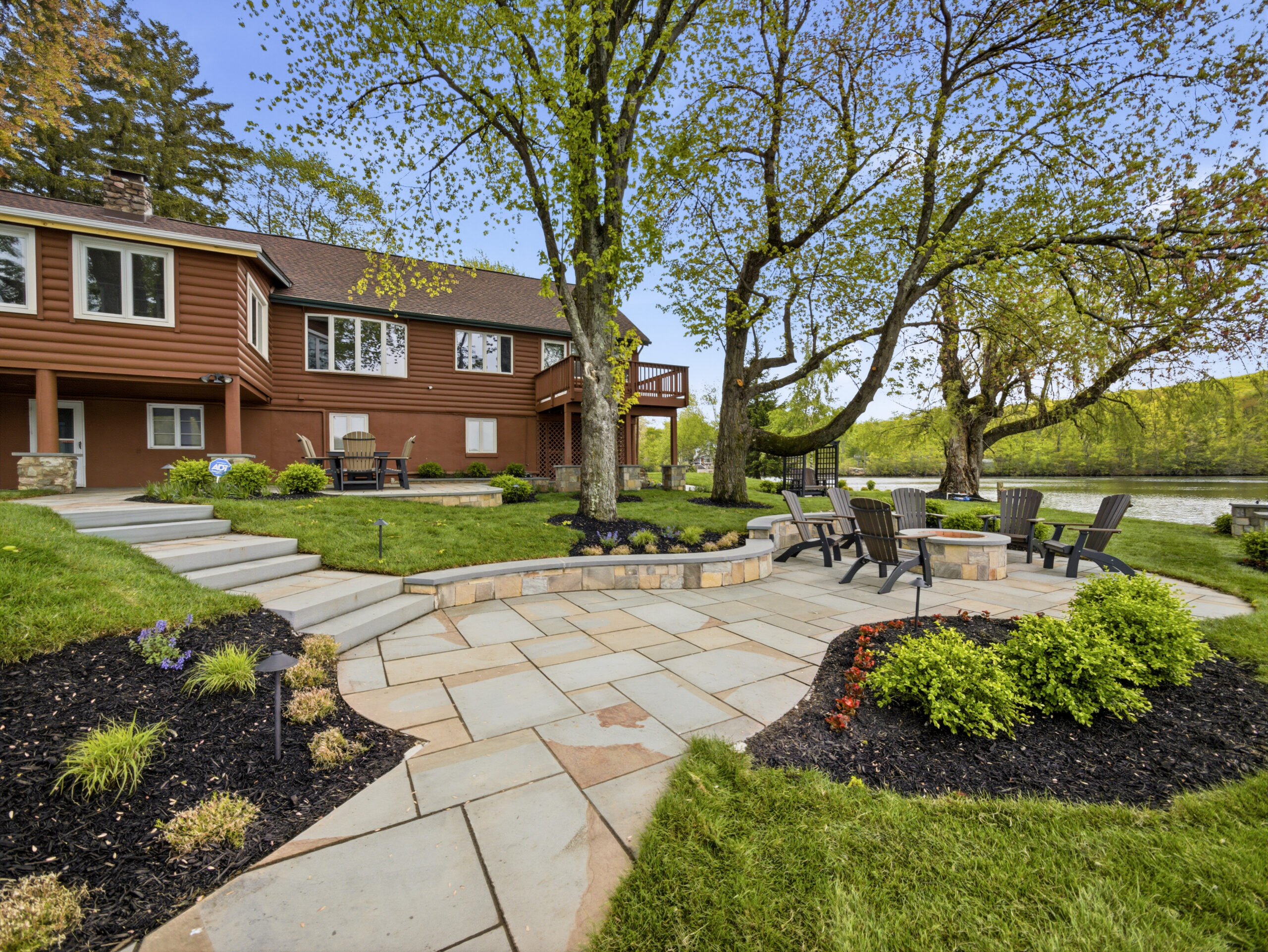 Backyard patio with fire pit and lake view
